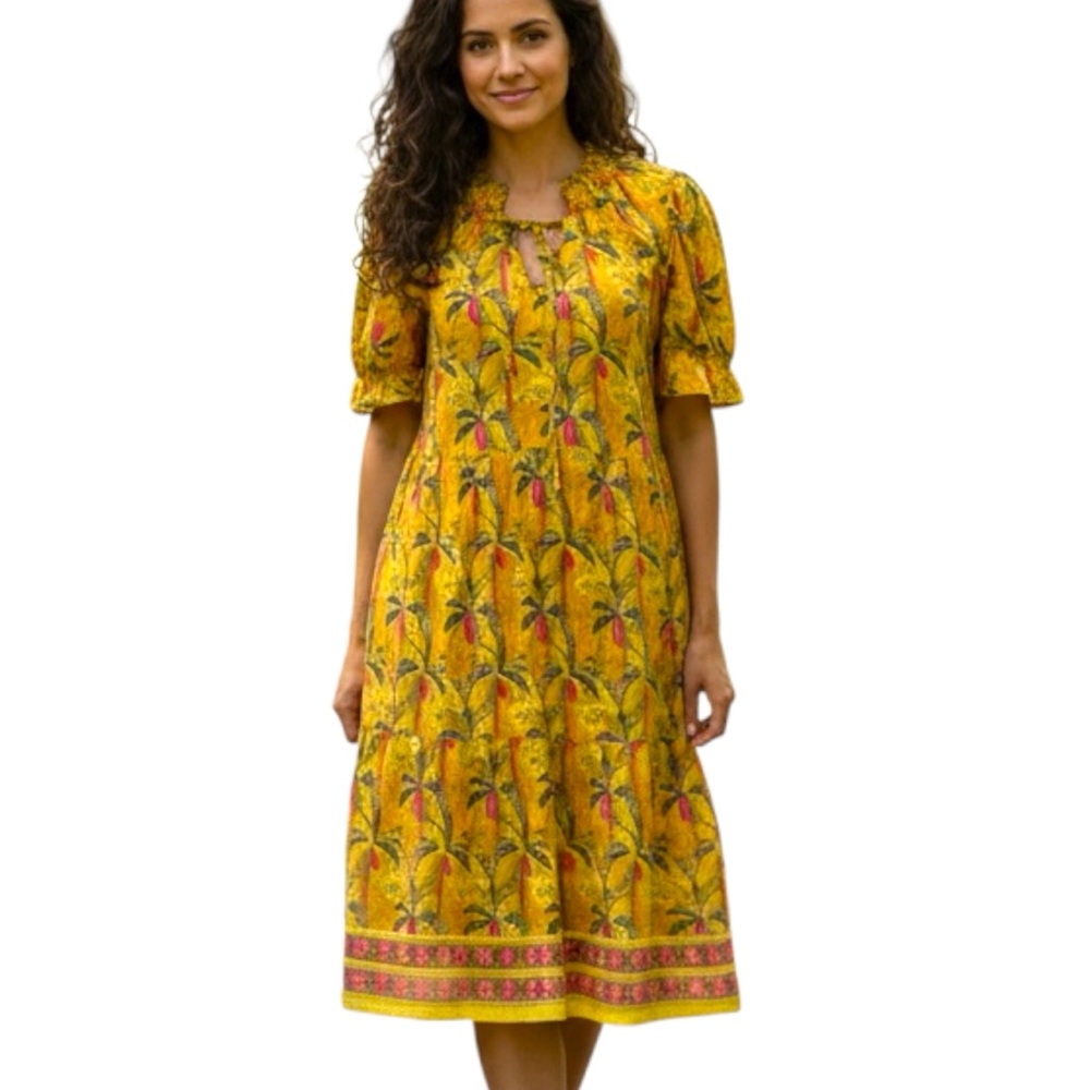 Margaux Riviera Smocked V Neck Short Sleeve Tropical Print Casual Dress Medium